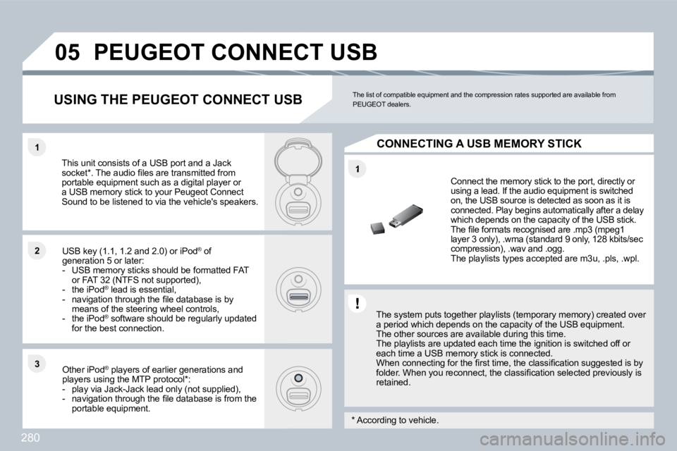 PEUGEOT 3008 2010  Owners Manual 280
�1
�1�1
�2�2
�3�3
�0�5� �P�E�U�G�E�O�T� �C�O�N�N�E�C�T� �U�S�B� 
� � �T�h�e� �s�y�s�t�e�m� �p�u�t�s� �t�o�g�e�t�h�e�r� �p�l�a�y�l�i�s�t�s� �(�t�e�m�p�o�r�a�r�y� �m�e�m�o�r�y�)� �c�r�e�a�t�e�d� �o�