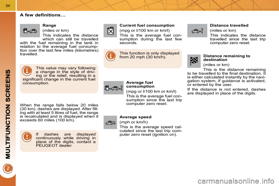 PEUGEOT 3008 2010 Workshop Manual 54
A few definitions… 
 When  the  range  falls  below  20  miles  
�(�3�0� �k�m�)�,� �d�a�s�h�e�s� �a�r�e� �d�i�s�p�l�a�y�e�d�.� �A�f�t�e�r� �ﬁ� �l�l�-
ing with at least 5 litres of fuel, the ran