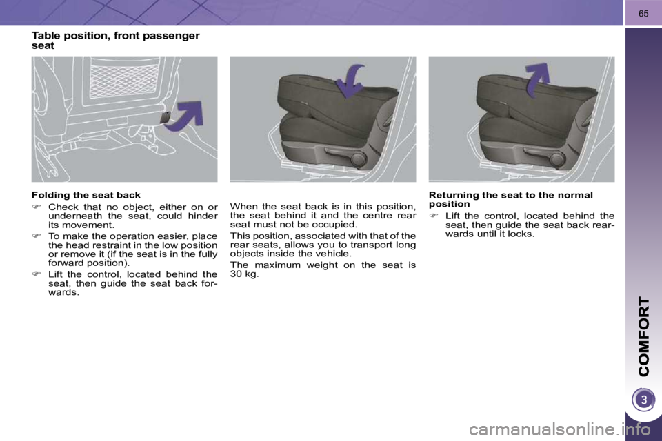 PEUGEOT 3008 2010 Repair Manual 65
� � �F�o�l�d�i�n�g� �t�h�e� �s�e�a�t� �b�a�c�k�  
   
�    Check  that  no  object,  either  on  or 
underneath  the  seat,  could  hinder  
its movement. 
  
�    To make the operation easie