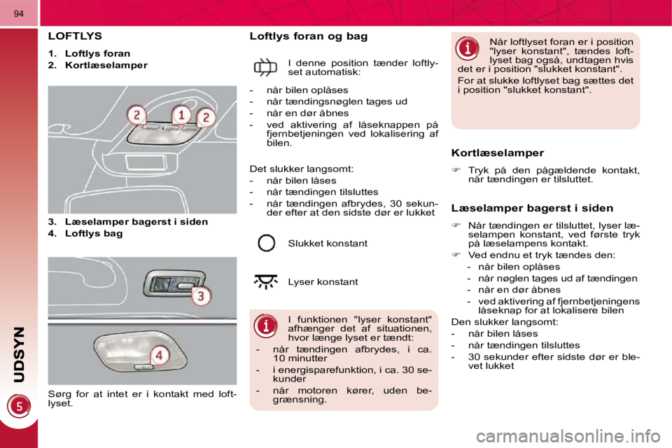 PEUGEOT 3008 2010  Brugsanvisning (in Danish) 94
LOFTLYS 
   
1.     Loftlys foran   
  
2.     Kortlæselamper   
  
3.     Læselamper bagerst i siden   
  
4.     Loftlys bag    
  Loftlys foran og bag 
 I  denne  position  tænder  loftly- 
s