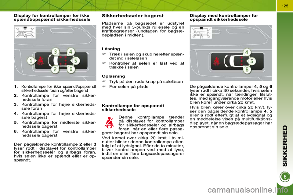 PEUGEOT 3008 2010  Brugsanvisning (in Danish) 125
   
1.   �K�o�n�t�r�o�l�l�a�m�p�e�  �f�o�r�  �i�k�k�e�  �s�p�æ�n�d�t�/�o�p�s�p�æ�n�d�t�  
sikkerhedssele foran og/eller bagerst 
  
2. � �  �K�o�n�t�r�o�l�l�a�m�p�e�  �f�o�r�  �v�e�n�s�t�r�e�  �