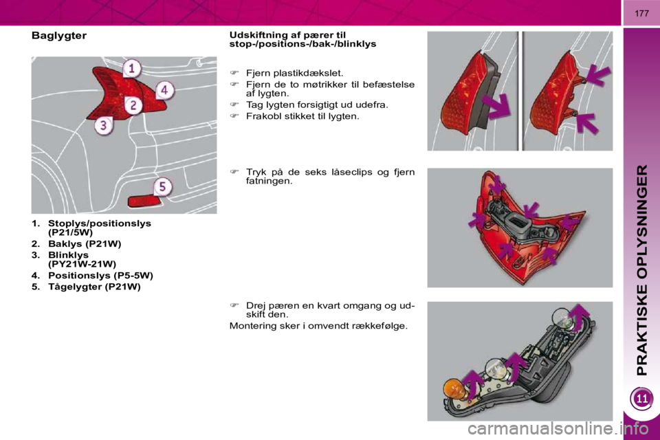 PEUGEOT 3008 2010  Brugsanvisning (in Danish) PRAKTISKE OPLYSNINGER
177
                            Baglygter  
   
1.     Stoplys/positionslys  
(P21/5W)   
  
2.     Baklys (P21W)   
  
3.     Blinklys 
(PY21W-21W)   
  
4.     Positionslys (P5