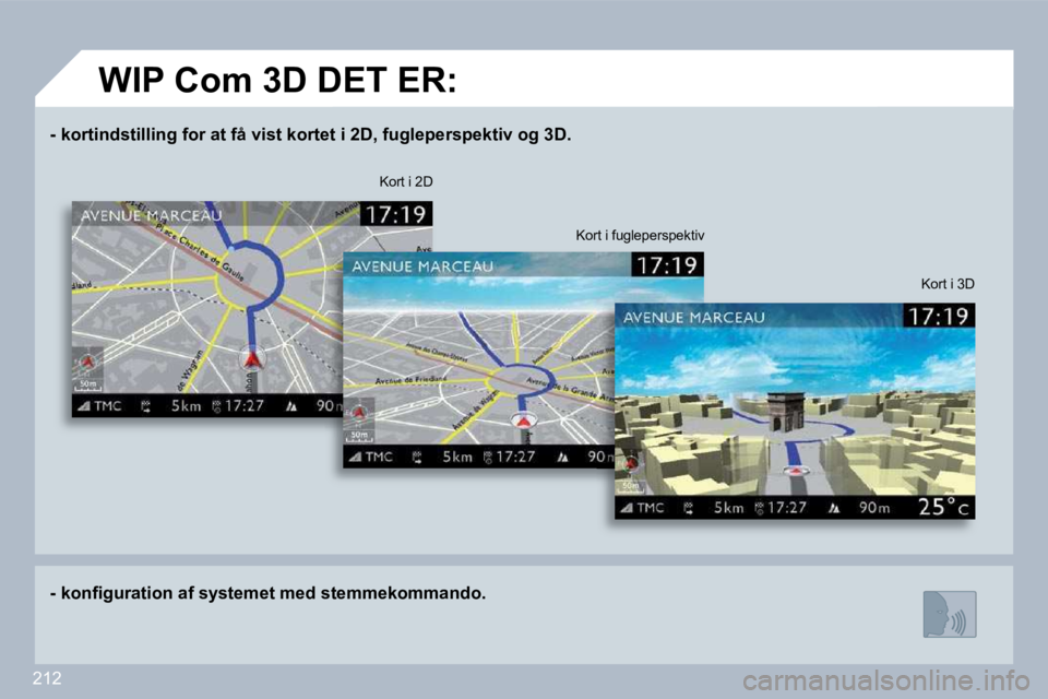 PEUGEOT 3008 2010  Brugsanvisning (in Danish) 212
� � � �-� � � �k� � �o�r�t�i�n�d�s�t�i�l�l�i�n�g� �f�o�r� �a�t� �f�å� �v�i�s�t� �k�o�r�t�e�t� �i� �2�D�,� �f�u�g�l�e�p�e�r�s�p�e�k�t�i�v� �o�g� �3�D�.� � � 
� � � �-� � � �k�o�n�ﬁ� �g�u�r�a�t�i