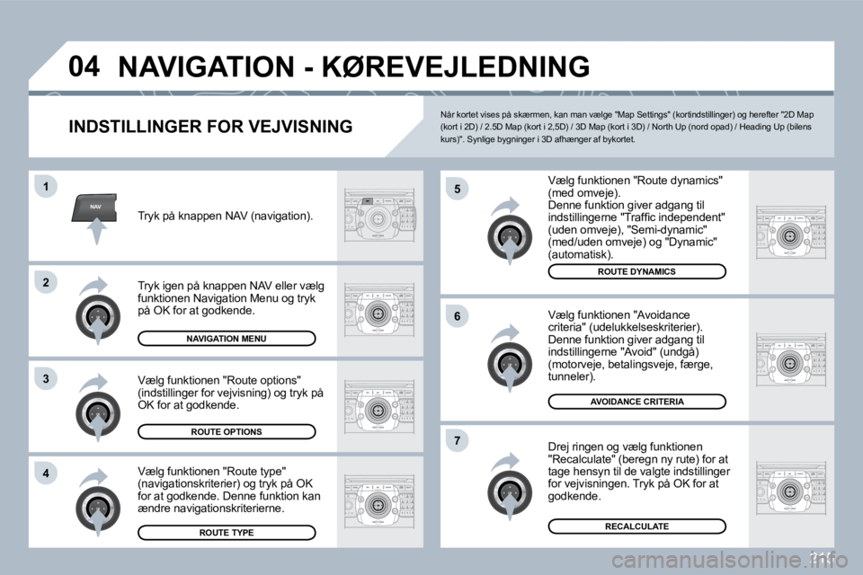 PEUGEOT 3008 2010  Brugsanvisning (in Danish) 215
NAV
�0�4
�5
�6
�7
�1
�2
3
�4
 NAVIGATION - KØREVEJLEDNING 
  INDSTILLINGER FOR VEJVISNING 
  Vælg funktionen "Route dynamics" (med omveje).  Denne funktion giver adgang til �i�n�d�s�t�i�l�l�i�n�