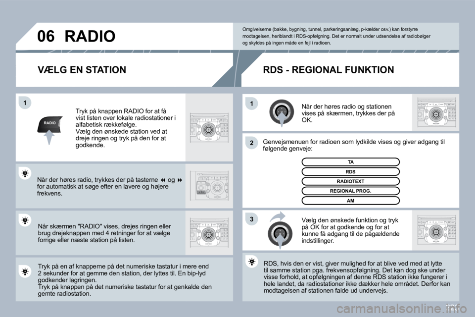 PEUGEOT 3008 2010  Brugsanvisning (in Danish) 223
RADIO
�1�1
�2
3
�0�6
  VÆLG EN STATION 
  Når der høres radio og stationen vises på skærmen, trykkes der på OK.  
  Genvejsmenuen for radioen som lydkilde vises og giver  giver adgang til f