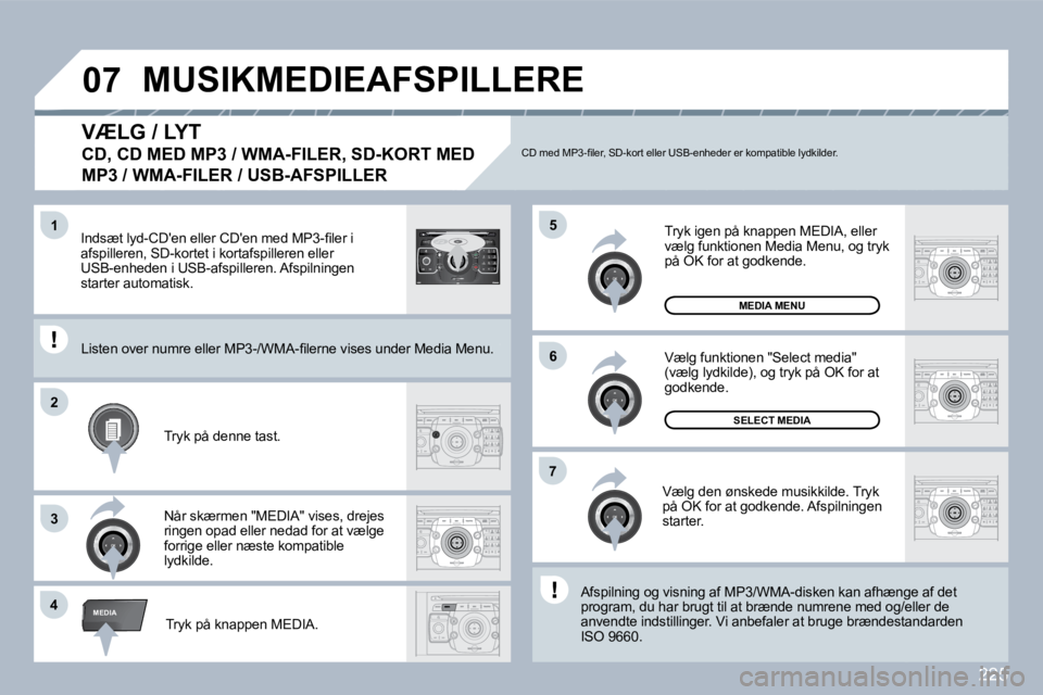 PEUGEOT 3008 2010  Brugsanvisning (in Danish) 225
�4
�5
�6
�2
�7
3
�1
MEDIA
�0�7
2
ABC 3
DEF
5
JKL
4
GHI 6
MNO
8
TUV
7
PQRS 9
WXYZ
0
* #
1
RADIO MEDIA
NAV ESC TRAFFIC
SETUP
ADDRBOOK
  VÆLG / LYT  
�C�D�,� �C�D� �M�E�D� �M�P�3� �/� �W�M�A�-�F�I�L