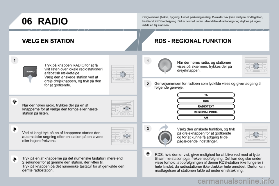 PEUGEOT 3008 2010  Brugsanvisning (in Danish) 257
�3
�2
�1
�1
�0�6
  Når der høres radio, og stationen vises på skærmen, trykkes der på drejeknappen.  
  Genvejsmenuen for radioen som lydkilde vises og g
iver  giver adgang til følgende genv