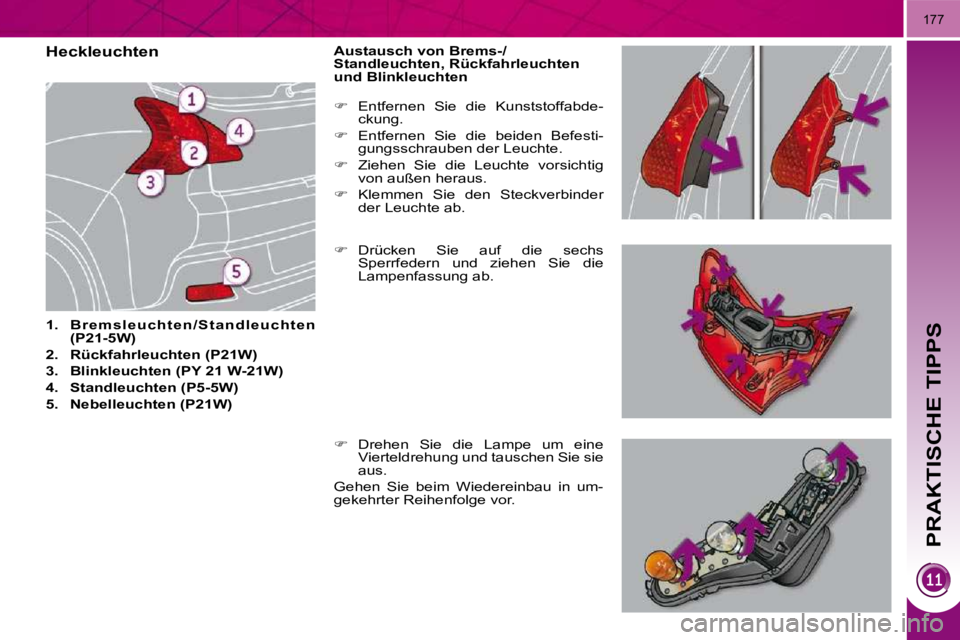 PEUGEOT 3008 2010  Betriebsanleitungen (in German) PRAKTISCHE TIPPS
177
                           Heckleuchten  
   
1.     B r e m s l e u c h t e n / S t a n d l e u c h t e n  
(P21-5W)   
  
2.     Rückfahrleuchten (P21W)   
  
3.     Blinkleuch