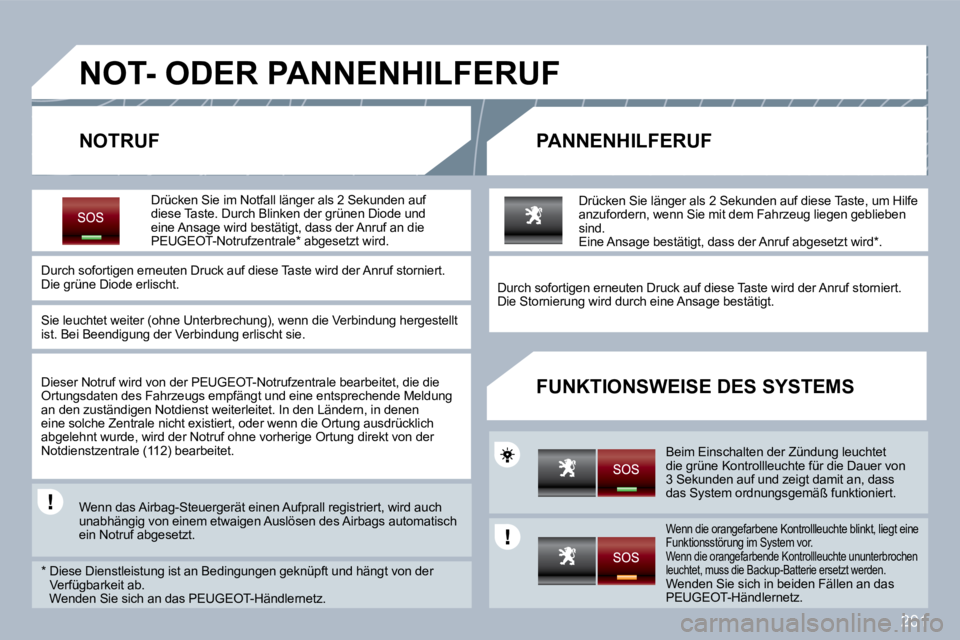 PEUGEOT 3008 2010  Betriebsanleitungen (in German) 201
NOT- ODER PANNENHILFERUF 
  NOTRUF   PANNENHILFERUF 
  FUNKTIONSWEISE DES SYSTEMS 
  Drücken Sie im Notfall länger als 2 Sekunden auf diese Taste. Durch Blinken der grünen Diode und eine Ansage
