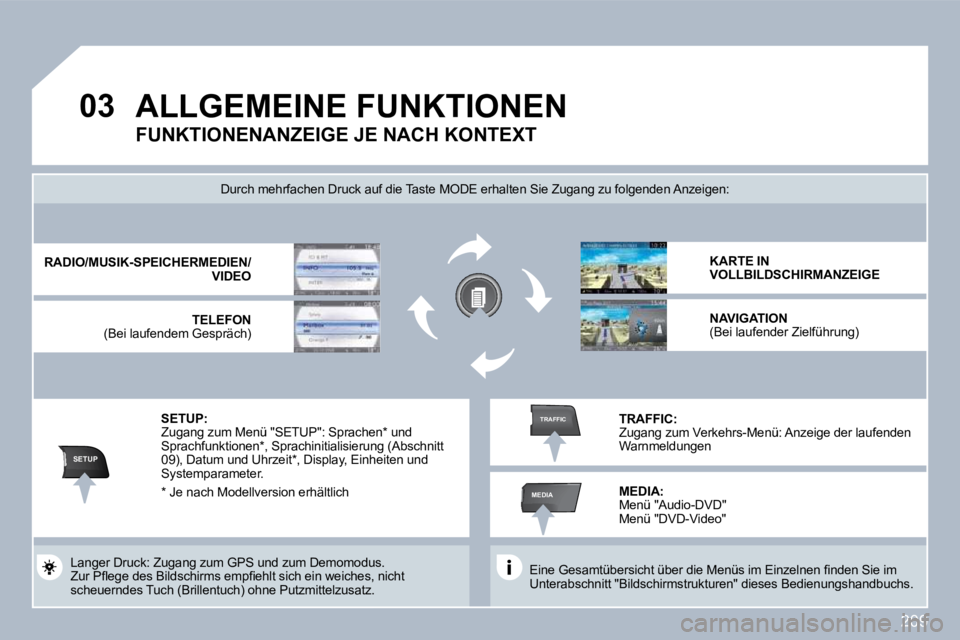 PEUGEOT 3008 2010  Betriebsanleitungen (in German) 209
�0�3
SETUP
MEDIA
TRAFFIC
 ALLGEMEINE FUNKTIONEN 
� � �E�i�n�e� �G�e�s�a�m�t�ü�b�e�r�s�i�c�h�t� �ü�b�e�r� �d�i�e� �M�e�n�ü�s� �i�m� �E�i�n�z�e�l�n�e�n� �ﬁ� �n�d�e�n� �S�i�e� �i�m� Unterabschni