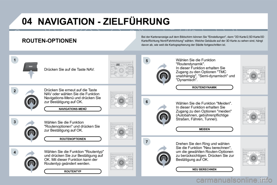 PEUGEOT 3008 2010  Betriebsanleitungen (in German) 215
NAV
�0�4
�5
�6
�7
�1
�2
3
�4
� �N�A�V�I�G�A�T�I�O�N� �-� �Z�I�E�L�F�Ü�H�R�U�N�G� 
  ROUTEN-OPTIONEN 
  Wählen Sie die Funktion "Routendynamik".  In dieser Funktion erhalten Sie Zugang zu den Opt