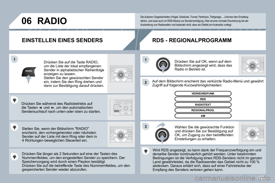 PEUGEOT 3008 2010  Betriebsanleitungen (in German) 223
RADIO
�1�1
�2
3
�0�6
  EINSTELLEN EINES SENDERS 
  Drücken Sie auf OK, wenn auf dem Bildschirm angezeigt wird, dass das Radio in Betrieb ist.  
  Auf dem Bildschirm erscheint das verkürzte Radio