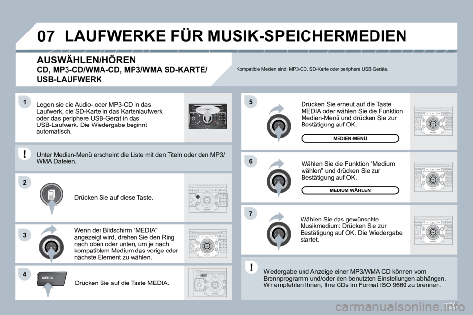 PEUGEOT 3008 2010  Betriebsanleitungen (in German) 225
�4
�5
�6
�2
�7
3
�1
MEDIA
�0�7
2
ABC 3
DEF
5
JKL
4
GHI 6
MNO
8
TUV
7
PQRS 9
WXYZ
0
* #
1
RADIO MEDIA
NAV ESC TRAFFIC
SETUP
ADDRBOOK
  AUSWÄHLEN/HÖREN  
�C�D�,� �M�P�3�-�C�D�/�W�M�A�-�C�D�,� �M�P