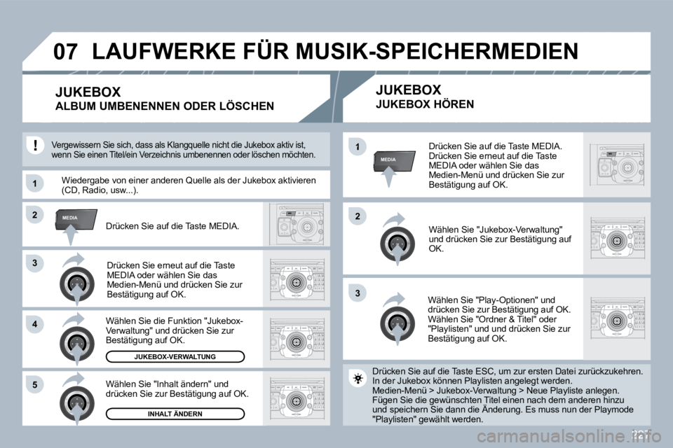 PEUGEOT 3008 2010  Betriebsanleitungen (in German) 227
33
�2�2MEDIA
33
�4�4
�5�5
�2�2
MEDIA�1
�1�1
�0�7
  Drücken Sie auf die Taste MEDIA.  Drücken Sie erneut auf die Taste MEDIA oder wählen Sie das Medien-Menü und drücken Sie zur Bestätigung au