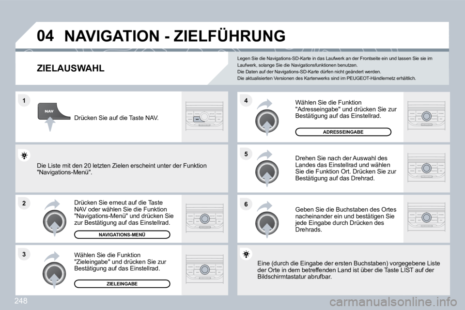 PEUGEOT 3008 2010  Betriebsanleitungen (in German) 248
�1
�2
�3
�5 
�6
�4
�0�4� �N�A�V�I�G�A�T�I�O�N� �-� �Z�I�E�L�F�Ü�H�R�U�N�G� 
�Z�I�E�L�A�U�S�W�A�H�L� 
  Drücken Sie erneut auf die Taste NAV oder wählen Sie die Funktion "Navigations-Menü" und 
