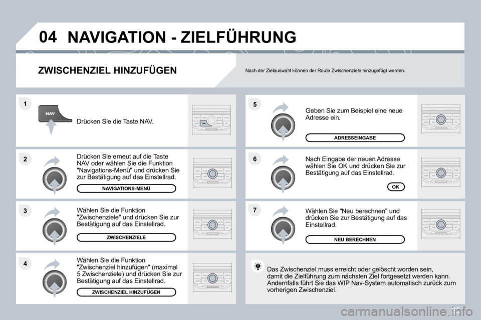 PEUGEOT 3008 2010  Betriebsanleitungen (in German) 251
�7
�6
�5
�4
�3
�2
�1
�0�4
� � �Z�W�I�S�C�H�E�N�Z�I�E�L� �H�I�N�Z�U�F�Ü�G�E�N� 
 Geben Sie zum Beispiel eine neue Adresse ein. 
 Nach Eingabe der neuen Adresse wählen Sie OK und drücken Sie zur 