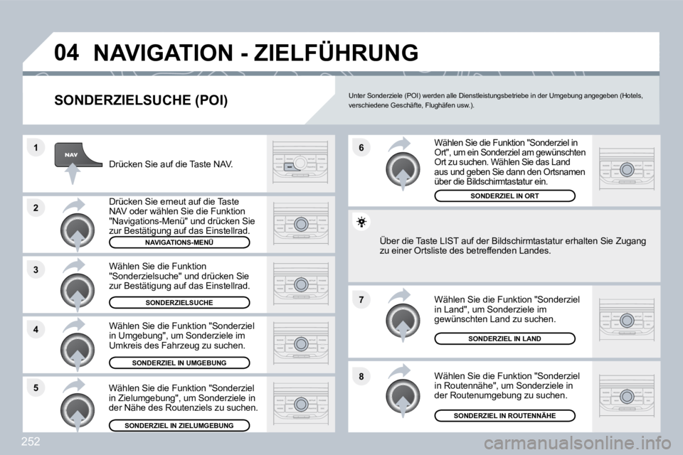 PEUGEOT 3008 2010  Betriebsanleitungen (in German) 252
�8
�6 
�7
�4
�3
�5
�2
�1
�0�4� �N�A�V�I�G�A�T�I�O�N� �-� �Z�I�E�L�F�Ü�H�R�U�N�G� 
� � �S�O�N�D�E�R�Z�I�E�L�S�U�C�H�E� �(�P�O�I�)� 
  Drücken Sie auf die Taste NAV.  
  Drücken Sie erneut auf di