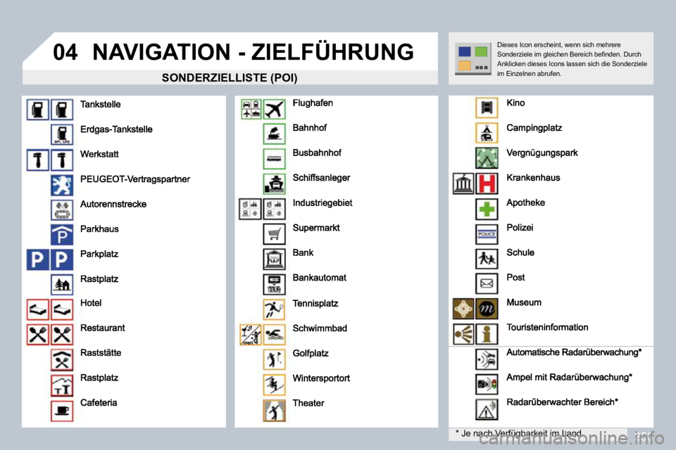 PEUGEOT 3008 2010  Betriebsanleitungen (in German) 253
04 NAVIGATION - ZIELFÜHRUNG 
  SONDERZIELLISTE (POI) 
  *   Je nach Verfügbarkeit im Land  
 Dieses Icon erscheint, wenn sich mehrere �S�o�n�d�e�r�z�i�e�l�e� �i�m� �g�l�e�i�c�h�e�n� �B�e�r�e�i�c