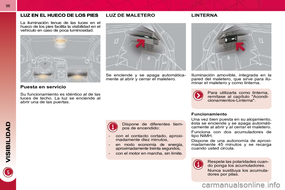 PEUGEOT 3008 2010 Manual del propietario (in Spanish) Dispone de diferentes tiem-
pos de encendido:
Se enciende y se apaga automática-
mente al abrir y cerrar el maletero.
LUZ DE MALETERO LINTERNA
Iluminación amovible, integrada en PEUGEOT 3008 2010 Manual del propietario (in Spanish) Dispone de diferentes tiem-
pos de encendido:
Se enciende y se apaga automática-
mente al abrir y cerrar el maletero.
LUZ DE MALETERO LINTERNA
Iluminación amovible, integrada en
