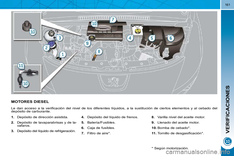 PEUGEOT 3008 2010  Manual del propietario (in Spanish) VERIFICACIONES
161
MOTORES DIESEL 
� �L�e�  �d�a�n�  �a�c�c�e�s�o�  �a�  �l�a�  �v�e�r�i�ﬁ� �c�a�c�i�ó�n�  �d�e�l�  �n�i�v�e�l�  �d�e�  �l�o�s�  �d�i�f�e�r�e�n�t�e�s�  �l�í�q�u�i�d�o�s�,�  �a�  �l