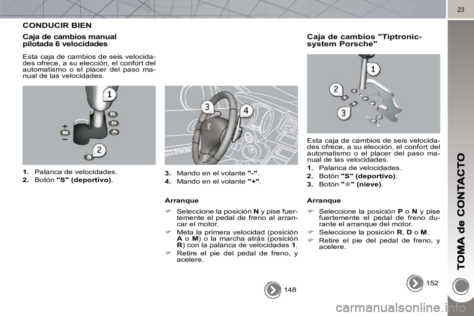PEUGEOT 3008 2010  Manual del propietario (in Spanish) 23
 148   
 CONDUCIR BIEN 
  Caja de cambios manual pilotada 6 velocidades 
  Esta caja de cambios de seis velocida- 
des ofrece, a su elección, el confort del 
automatismo  o  el  placer  del  paso 