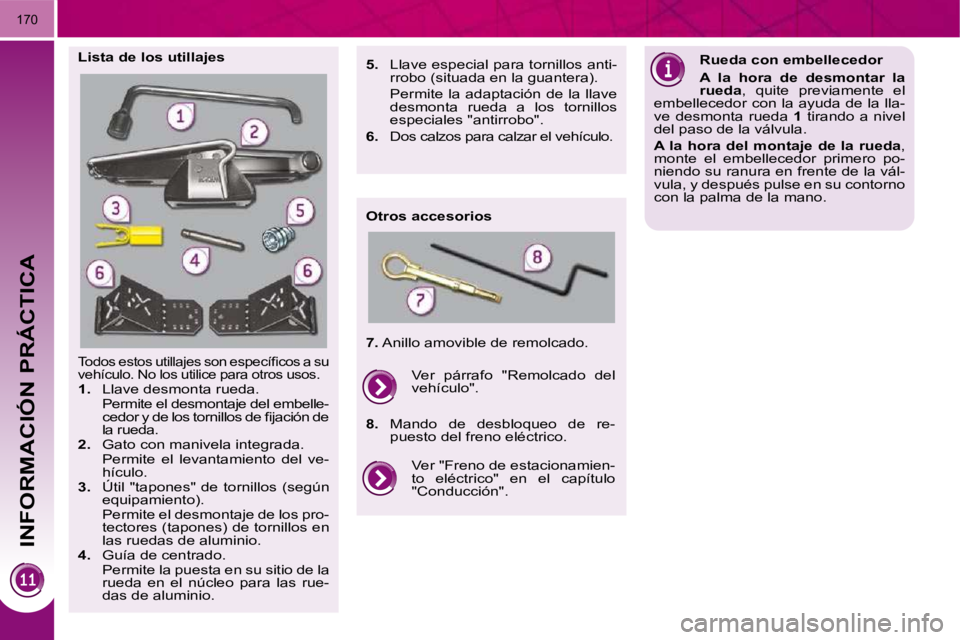 PEUGEOT 3008 2010  Manual del propietario (in Spanish)    
INFORMACIÓN PRÁCTICA
170
� �T�o�d�o�s� �e�s�t�o�s� �u�t�i�l�l�a�j�e�s� �s�o�n� �e�s�p�e�c�í�ﬁ� �c�o�s� �a� �s�u�  
vehículo. No los utilice para otros usos. 
   
1.    Llave desmonta rueda. 