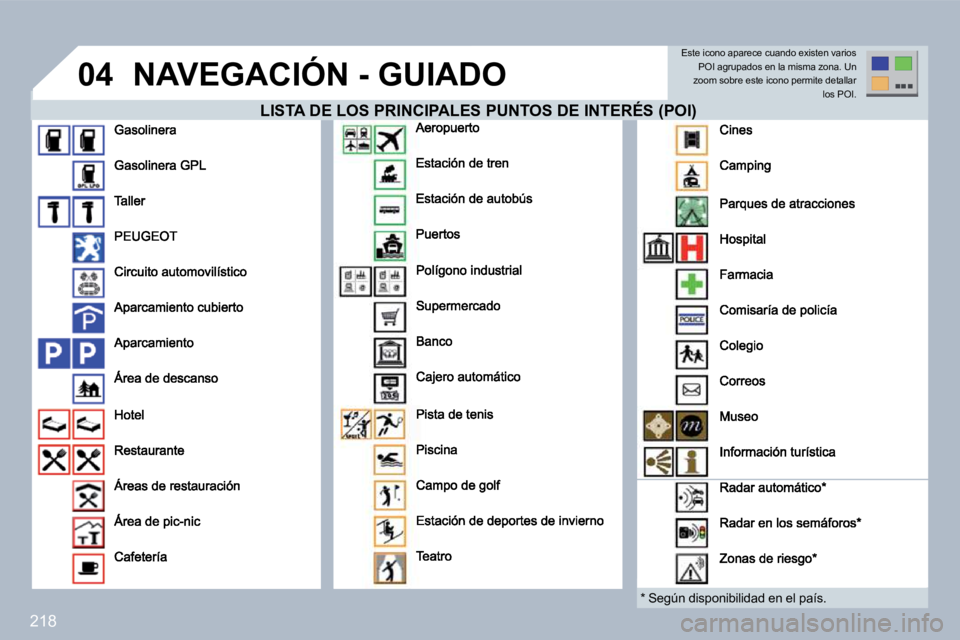 PEUGEOT 3008 2010  Manual del propietario (in Spanish) 218
�0�4� �N�A�V�E�G�A�C�I�Ó�N� �-� �G�U�I�A�D�O� 
� � �L�I�S�T�A� �D�E� �L�O�S� �P�R�I�N�C�I�P�A�L�E�S� �P�U�N�T�O�S� �D�E� �I�N�T�E�R�É�S� �(�P�O�I�)� � � �L�I�S�T�A� �D�E� �L�O�S� �P�R�I�N�C�I�P�