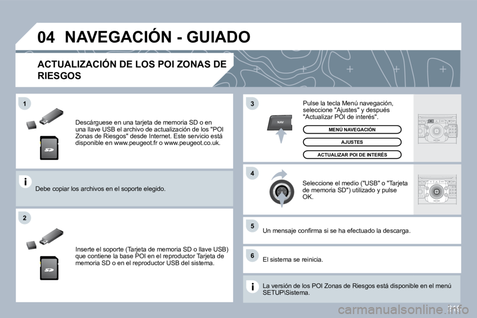 PEUGEOT 3008 2010  Manual del propietario (in Spanish) 219
�0�4
�5
�6
3
�4
�2
NAV
�1
  Descárguese en una tarjeta de memoria SD o en una llave USB el archivo de actualización de los "POI Zonas de Riesgos" desde Internet. Este servicio est á disponible 