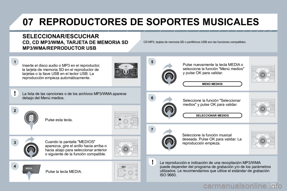 PEUGEOT 3008 2010  Manual del propietario (in Spanish) 225
�4
�5
�6
�2
�7
3
�1
MEDIA
�0�7
2
ABC 3
DEF
5
JKL
4
GHI 6
MNO
8
TUV
7
PQRS 9
WXYZ
0
* #
1
RADIO MEDIA
NAV ESC TRAFFIC
SETUP
ADDRBOOK
  SELECCIONAR/ESCUCHAR  
�C�D�,� �C�D� �M�P�3�/�W�M�A�,� �T�A�R�