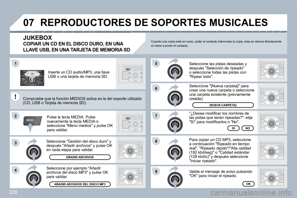 PEUGEOT 3008 2010  Manual del propietario (in Spanish) 226
2
ABC 3
DEF
5
JKL
4
GHI 6
MNO
8
TUV
7
PQRS 9
WXYZ
0
* #
1
RADIO MEDIA
NAV ESC TRAFFIC
SETUP
ADDRBOOK
�1
�2
3
�4
�5
�6
�7
�8
�9
MEDIA
�0�7
  Seleccione "Gestión del disco duro" y después "Añadir