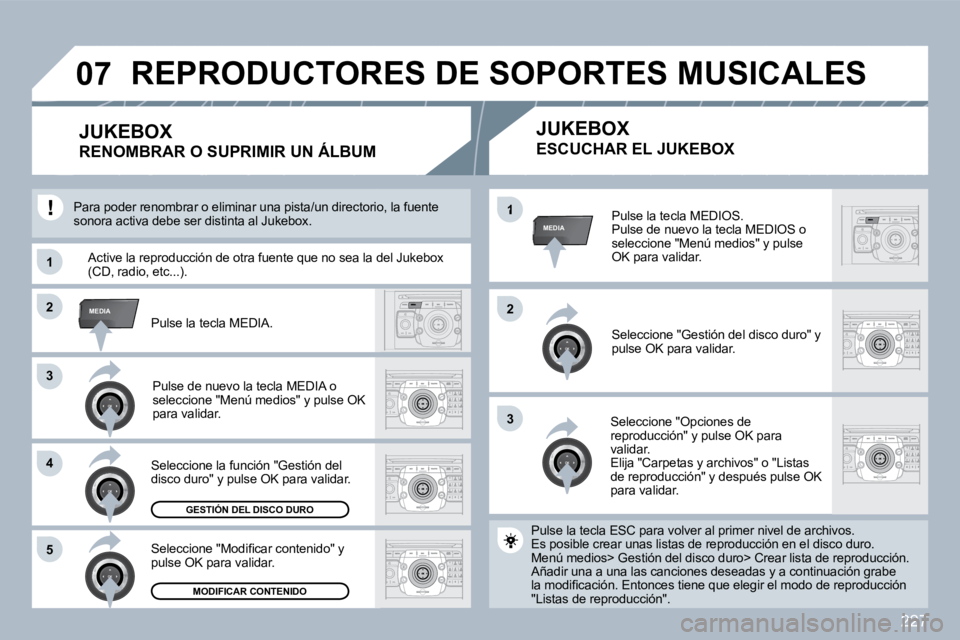 PEUGEOT 3008 2010  Manual del propietario (in Spanish) 227
33
�2�2MEDIA
33
�4�4
�5�5
�2�2
MEDIA�1
�1�1
�0�7
  Pulse la tecla MEDIOS.  Pulse de nuevo la tecla MEDIOS o seleccione "Menú medios" y pulse OK para validar.  
  Seleccione "Gestión del disco du