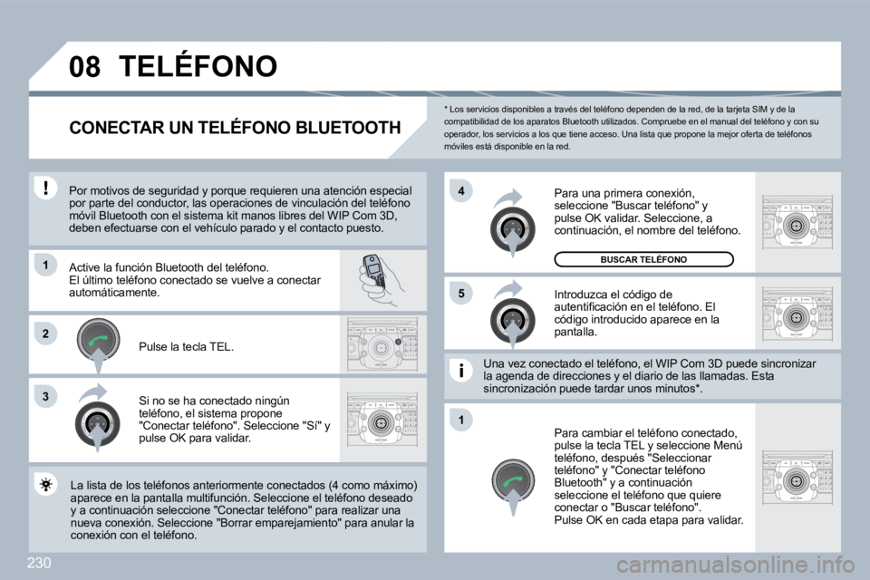 PEUGEOT 3008 2010  Manual del propietario (in Spanish) 230
�0�8
�1
3
�5
�4
�2
�1
  *   Los servicios disponibles a través del teléfono dependen de la red, de la tarjeta SIM y de la compatibilidad de los aparatos Bluetooth utilizados . Compruebe en el ma