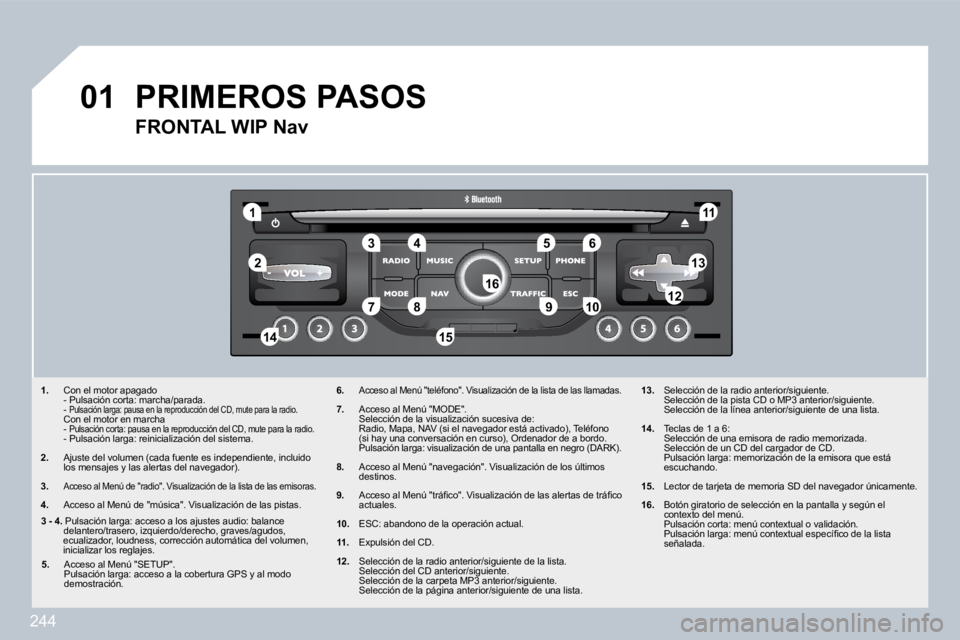 PEUGEOT 3008 2010  Manual del propietario (in Spanish) 244
�0�1
�1�1
�5�5
�1�0�1�0
�2�2
�3�3�4�4�6�6
�1�3�1�3
�1�1�1�1
�9�9
�1�4�1�4�1�5�1�5
�7�7�8�8�1�2�1�2�1�6�1�6
� � � �1�.�   Con el motor apagado    - Pulsación corta: marcha/parada.    - Pulsación 