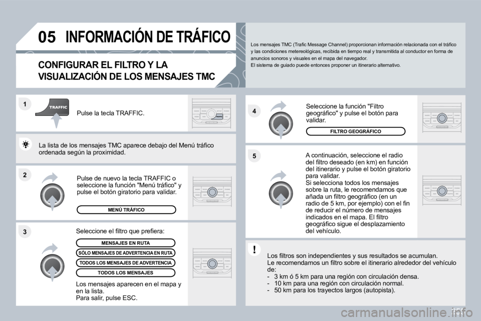 PEUGEOT 3008 2010  Manual del propietario (in Spanish) 255
�2
�1
�3 �4
�5
�0�5� �I�N�F�O�R�M�A�C�I�Ó�N� �D�E� �T�R�Á�F�I�C�O� 
�C�O�N�F�I�G�U�R�A�R� �E�L� �F�I�L�T�R�O� �Y� �L�A� 
�V�I�S�U�A�L�I�Z�A�C�I�Ó�N� �D�E� �L�O�S� �M�E�N�S�A�J�E�S� �T�M�C� 
  A