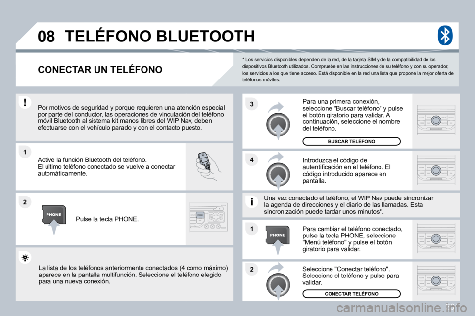 PEUGEOT 3008 2010  Manual del propietario (in Spanish) 261
�1
�2
�3
�2
�1
�4
�0�8
  *   Los servicios disponibles dependen de la red,
 de la tarjeta SIM y de la compatibilidad de los dispositivos Bluetooth utilizados. Compruebe en las  instrucciones de su