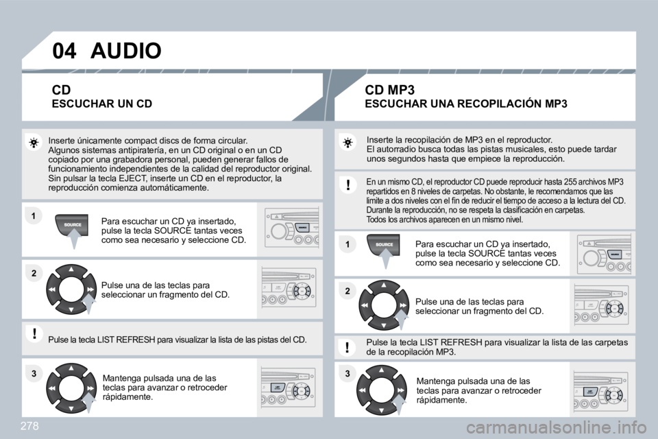 PEUGEOT 3008 2010  Manual del propietario (in Spanish) 278
�0�4
�1�1
�1�1
�2�2
�3�3�3�3
�2�2
� �A�U�D�I�O� 
� �I�n�s�e�r�t�e� �ú�n�i�c�a�m�e�n�t�e� �c�o�m�p�a�c�t� �d�i�s�c�s� �d�e� �f�o�r�m�a� �c�i�r�c�u�l�a�r�.� � �A�l�g�u�n�o�s� �s�i�s�t�e�m�a�s� �a�n