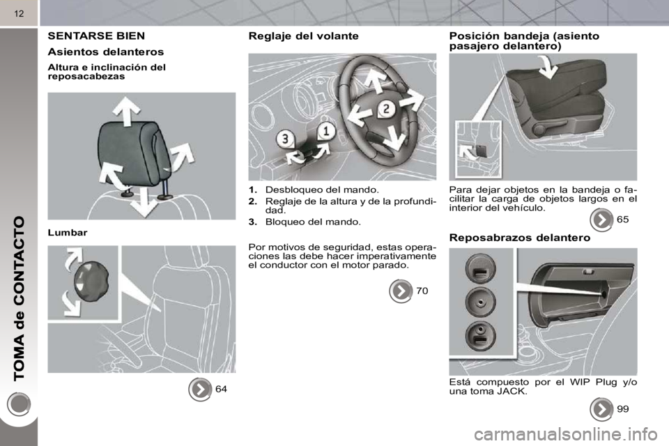 PEUGEOT 3008 2010  Manual del propietario (in Spanish) 12
 SENTARSE BIEN 
  Asientos delanteros 
  Altura e inclinación del  
reposacabezas   
  Lumbar  64   
  Reglaje del volante 
   
1.    Desbloqueo del mando. 
  
2.    Reglaje de la altura y de la p