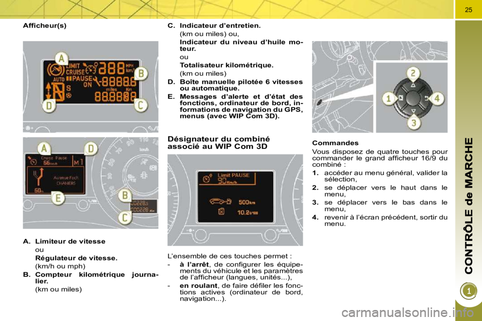 PEUGEOT 3008 2010  Manuel du propriétaire (in French) 25
� � �A�f�ﬁ� �c�h�e�u�r�(�s�)� 
Désignateur du combiné associé au WIP Com 3D 
 L’ensemble de ces touches permet :  
   -    à  l’arrêt � �,�  �d�e�  �c�o�n�ﬁ� �g�u�r�e�r�  �l�e�s�  �é�