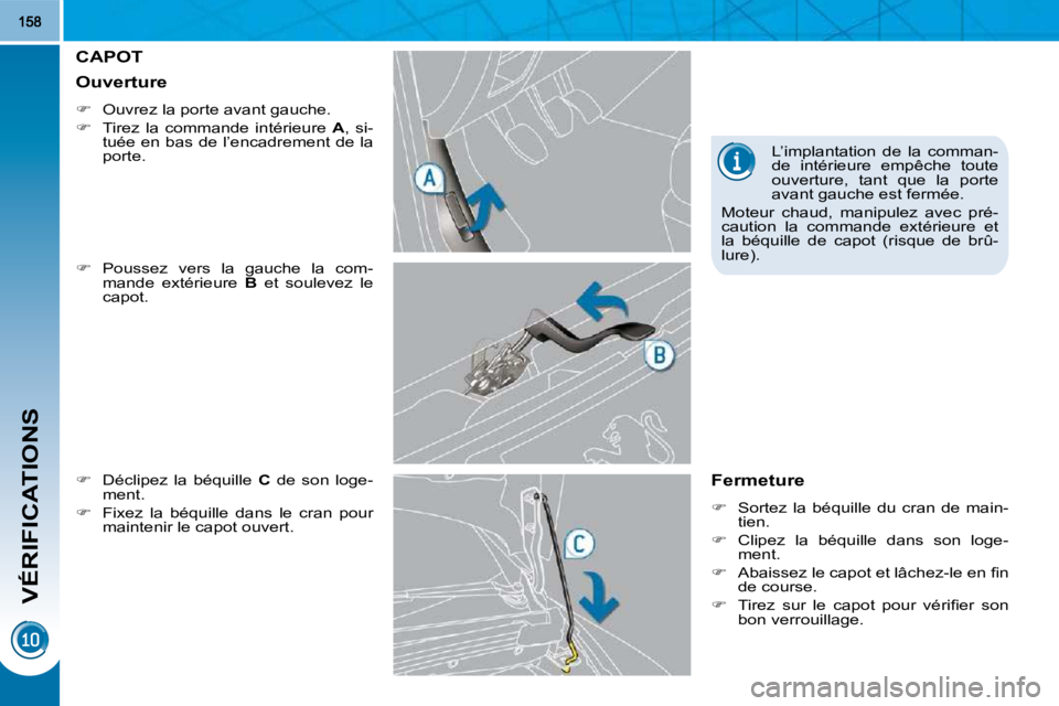 PEUGEOT 3008 2010  Manuel du propriétaire (in French) VÉRIFICATIONS
CAPOT 
  
�    Poussez  vers  la  gauche  la  com-
�m�a�n�d�e�  �e�x�t�é�r�i�e�u�r�e�  �  B   et  soulevez  le 
capot. 
  
�    Déclipez  la  béquille    C   de  son  loge-
men