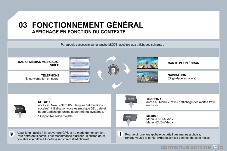 PEUGEOT 3008 2010  Manuel du propriétaire (in French) 209
�0�3
SETUP
MEDIA
TRAFFIC
 FONCTIONNEMENT GÉNÉRAL 
  Pour avoir une vue globale du détail des menus à choisir, rendez-vous à la partie «Arborescences écrans» de c ette notice.   
� �P�a�r� 
