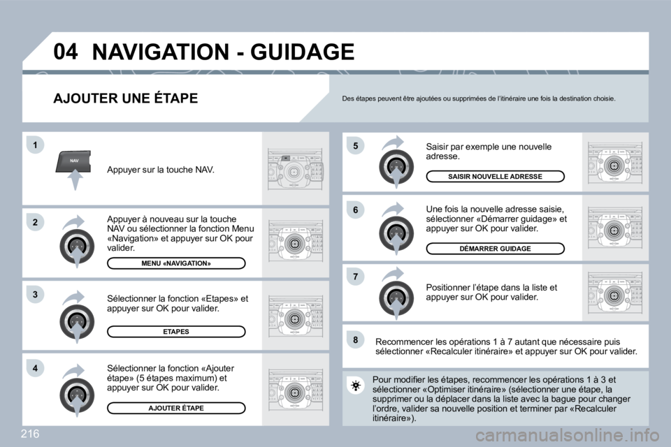 PEUGEOT 3008 2010  Manuel du propriétaire (in French) 216
NAV
�5
�6
�7
�1
�2
3
�4
�8
�0�4
  AJOUTER UNE ÉTAPE 
� �S�a�i�s�i�r� �p�a�r� �e�x�e�m�p�l�e� �u�n�e� �n�o�u�v�e�l�l�e� adresse. 
 Une fois la nouvelle adresse saisie, �s�é�l�e�c�t�i�o�n�n�e�r� �