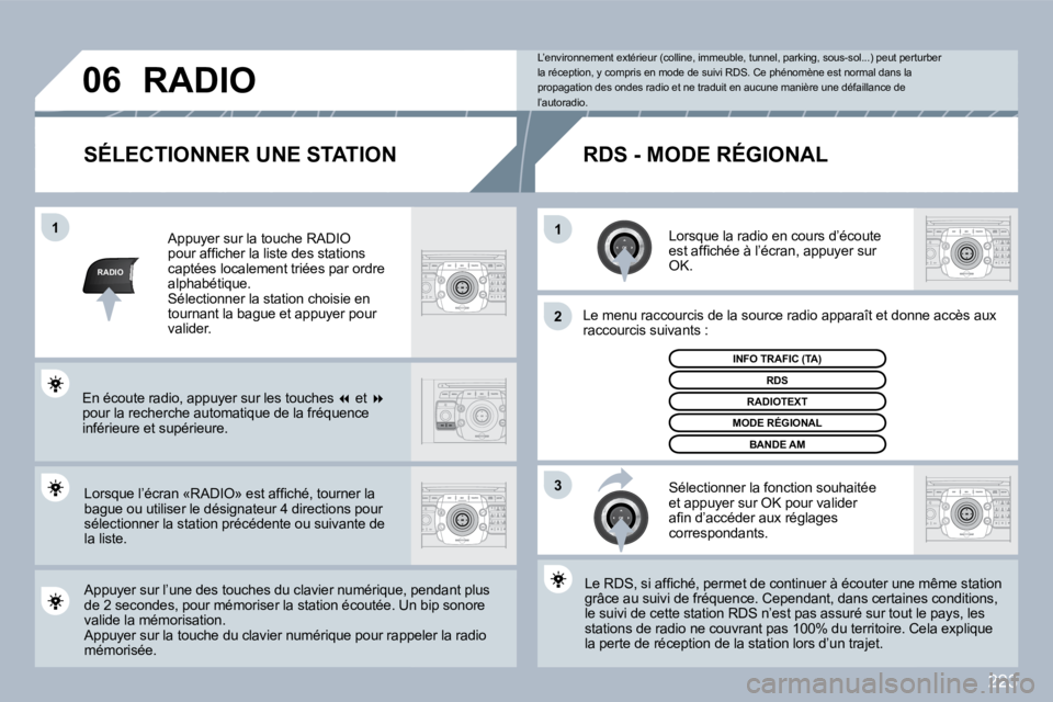 PEUGEOT 3008 2010  Manuel du propriétaire (in French) 223
RADIO
�1�1
�2
3
�0�6
  SÉLECTIONNER UNE STATION 
  Lorsque la radio en cours d’écoute �e�s�t� �a�f�ﬁ� �c�h�é�e� �à� �l�’�é�c�r�a�n�,� �a�p�p�u�y�e�r� �s�u�r� �O�K�.� � 
� � �L�e� �m�e�n