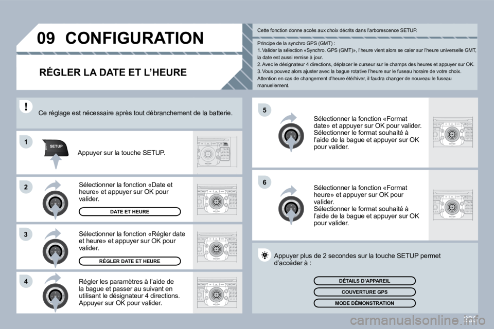 PEUGEOT 3008 2010  Manuel du propriétaire (in French) 233
�5
�6
SETUP�1
�2
3
�4
�0�9 CONFIGURATION 
            RÉGLER LA DATE ET L’HEURE 
  Régler les paramètres à l’aide de la bague et passer au suivant en utilisant le désignateur 4 directions