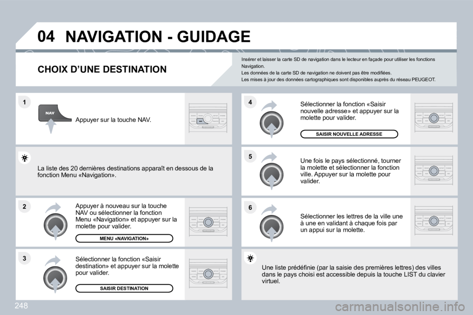 PEUGEOT 3008 2010  Manuel du propriétaire (in French) 248
�1
�2
�3
�5 
�6
�4
�0�4� �N�A�V�I�G�A�T�I�O�N� �-� �G�U�I�D�A�G�E� 
� � � � � � � � � � � � �C�H�O�I�X� �D�’�U�N�E� �D�E�S�T�I�N�A�T�I�O�N� 
� � �A�p�p�u�y�e�r� �à� �n�o�u�v�e�a�u� �s�u�r� �l�a