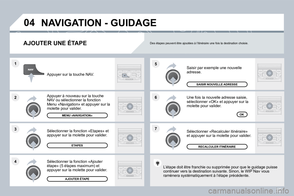 PEUGEOT 3008 2010  Manuel du propriétaire (in French) 251
�7
�6
�5
�4
�3
�2
�1
�0�4
� � �A�J�O�U�T�E�R� �U�N�E� �É�T�A�P�E� 
 Saisir par exemple une nouvelle adresse. 
 Une fois la nouvelle adresse saisie, �s�é�l�e�c�t�i�o�n�n�e�r� �«�O�K�»� �e�t� �a