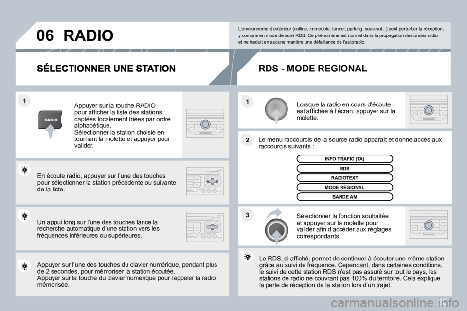 PEUGEOT 3008 2010  Manuel du propriétaire (in French) 257
�3
�2
�1
�1
�0�6
  Lorsque la radio en cours d’écoute �e�s�t� �a�f�ﬁ� �c�h�é�e� �à� �l�’�é�c�r�a�n�,� �a�p�p�u�y�e�r� �s�u�r� �l�a� molette.  
  Le menu raccourcis de la source radio app