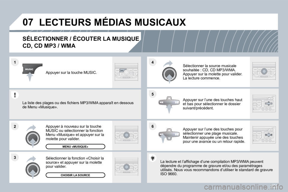 PEUGEOT 3008 2010  Manuel du propriétaire (in French) 259
�0�7
�6
�4 
�5
�3
�2
�1
� � � � � � � � � � �S�É�L�E�C�T�I�O�N�N�E�R� �/� �É�C�O�U�T�E�R� �L�A� �M�U�S�I�Q�U�E� � 
�C�D�,� �C�D� �M�P�3� �/� �W�M�A� 
� �L�a� �l�e�c�t�u�r�e� �e�t� �l�’�a�f�ﬁ