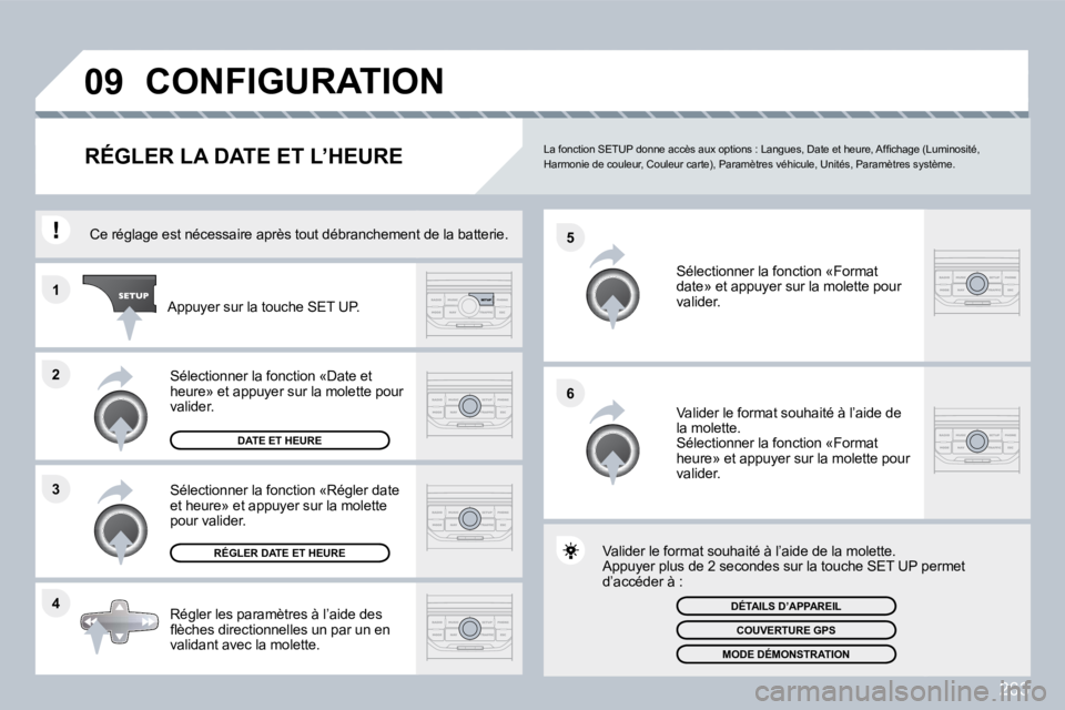 PEUGEOT 3008 2010  Manuel du propriétaire (in French) 263
�4
�3
�2
�1
�6
�5
�0�9� �C�O�N�F�I�G�U�R�A�T�I�O�N� 
� � � � � � � � � � � � �R�É�G�L�E�R� �L�A� �D�A�T�E� �E�T� �L�’�H�E�U�R�E� � � �L�a� �f�o�n�c�t�i�o�n� �S�E�T�U�P� �d�o�n�n�e� �a�c�c�è�s�