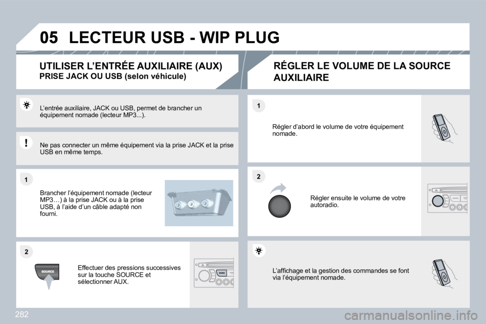 PEUGEOT 3008 2010  Manuel du propriétaire (in French) 282
�1�1
�2�2
�2�2
�1�1
� �L�’�a�f�ﬁ� �c�h�a�g�e� �e�t� �l�a� �g�e�s�t�i�o�n� �d�e�s� �c�o�m�m�a�n�d�e�s� �s�e� �f�o�n�t� via l’équipement nomade. 
� �R�é�g�l�e�r� �d�’�a�b�o�r�d� �l�e� �v�o