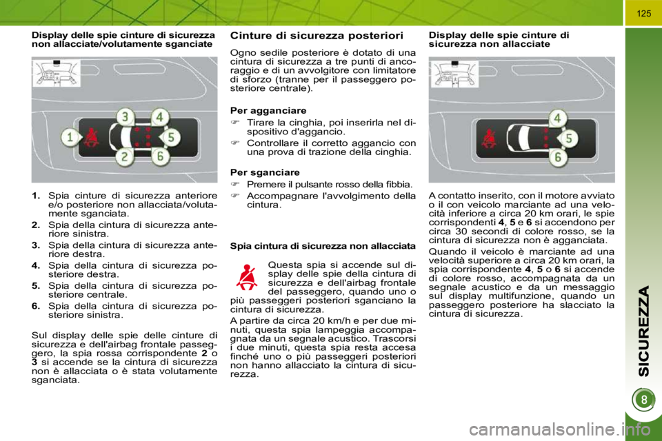 PEUGEOT 3008 2010  Manuale duso (in Italian) �1�2�5
   
1.    Spia  cinture  di  sicurezza  anteriore 
�e�/�o� �p�o�s�t�e�r�i�o�r�e� �n�o�n� �a�l�l�a�c�c�i�a�t�a�/�v�o�l�u�t�a�- 
mente sganciata. 
  
2.    Spia della cintura di sicurezza ante-
r